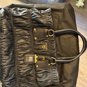 Prada Black Ruched Leather Tote with Gold Hardware